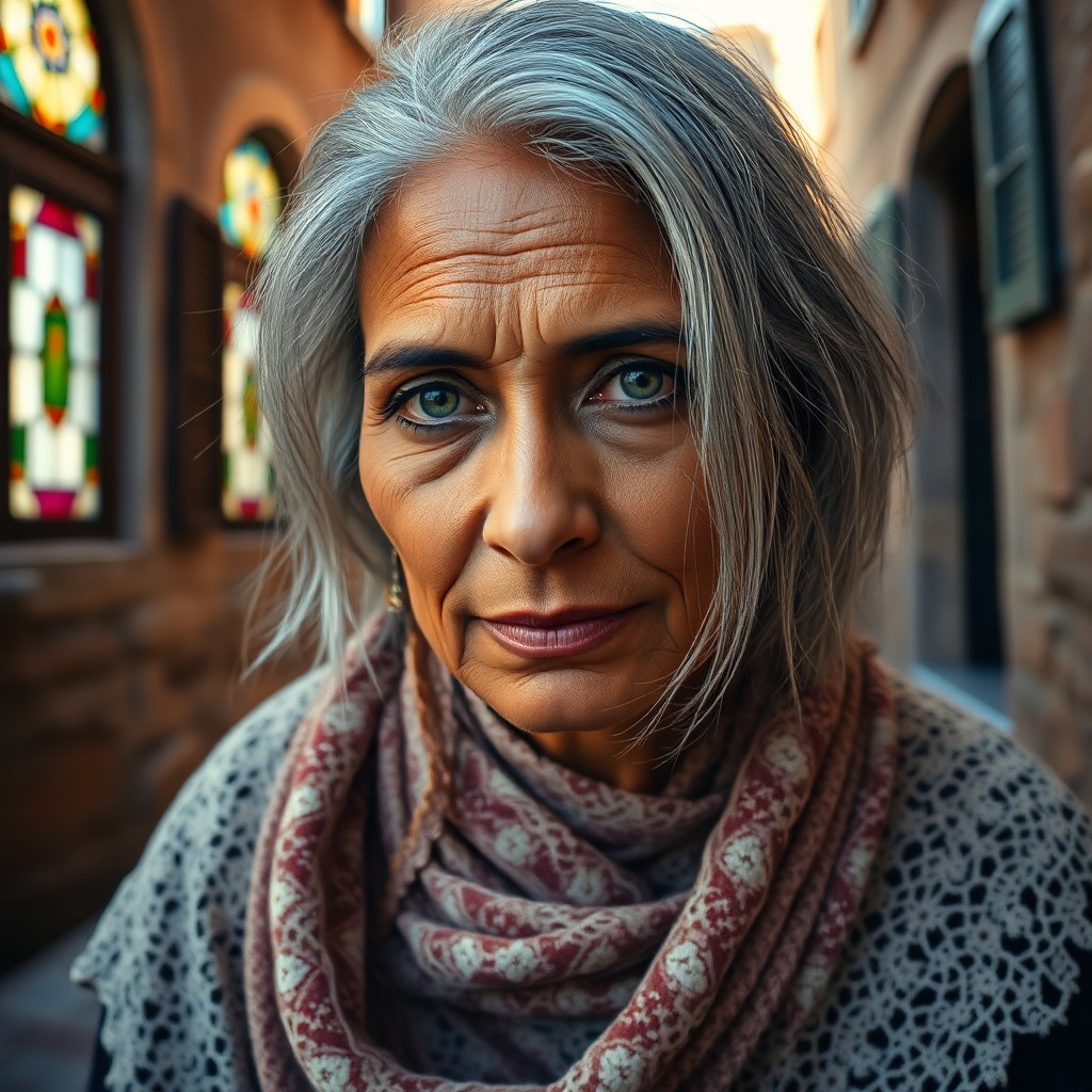 AI generated art for prompt: An enigmatic South Asian woman with olive skin and vibrant silver hair sits amidst an ancient Medite