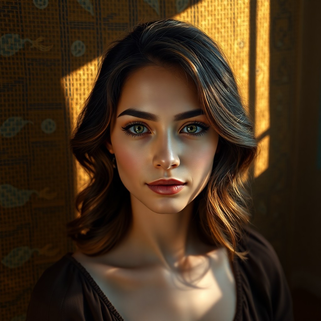 AI generated art for prompt: Craft a hyperrealistic portrait of a Hispanic woman with porcelain skin and shy green eyes, akin to 