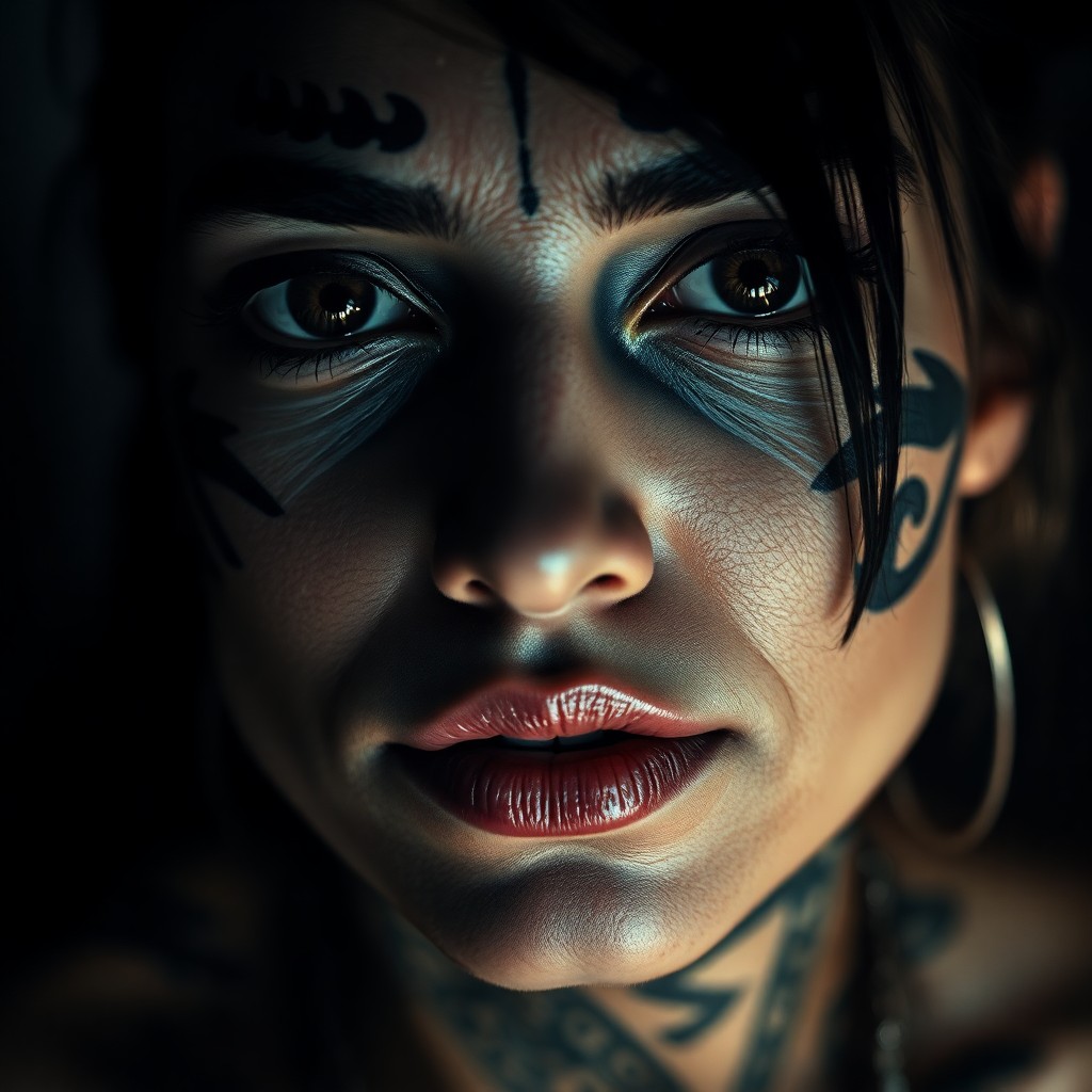 AI generated art for prompt: Envision an enigmatic close-up portrait of a female subject adorned with intricate tattoos fusing tr