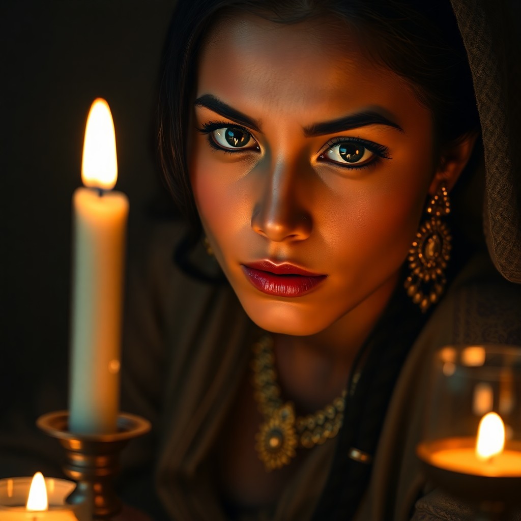 AI generated art for prompt: In a soft candlelit glow, an Andean woman's enigmatic portrait reveals captivating indigo eyes and f