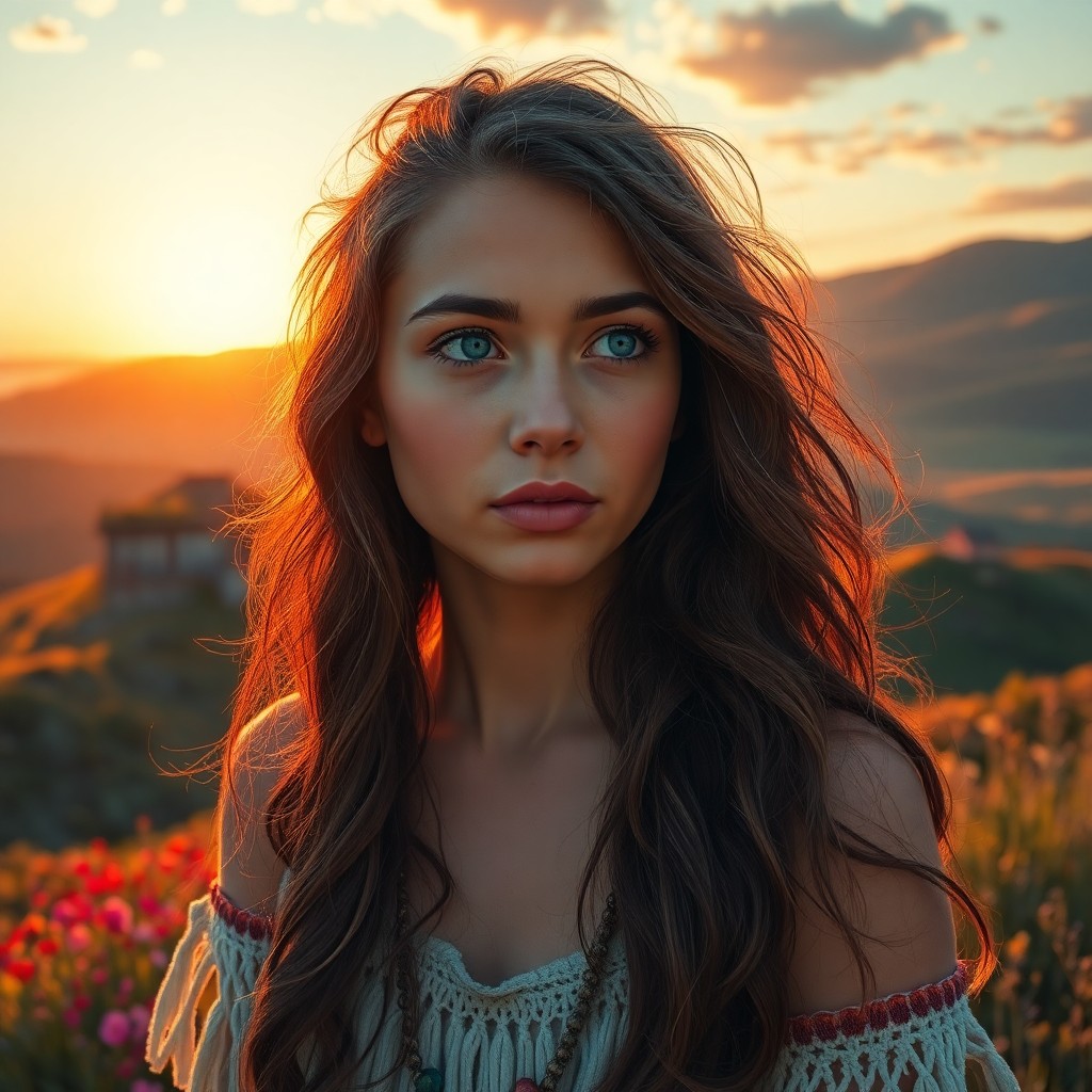 AI generated art for prompt: Craft a neo-impressionist portrait photograph of a young Native American woman with flowing, wavy lo