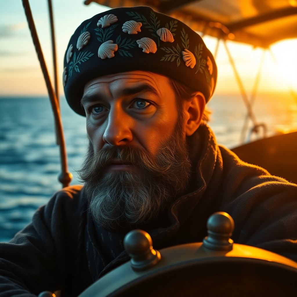 AI generated art for prompt: A photorealistic portrait of a wise sea captain reveals his wistful gaze out to sea from the helm of