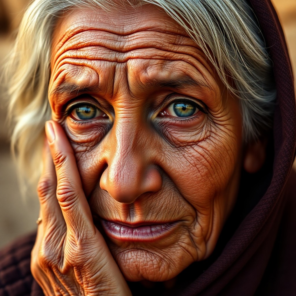 AI generated art for prompt: A photorealistic close-up portrait captures an elderly North African woman's deep wrinkles and rusti