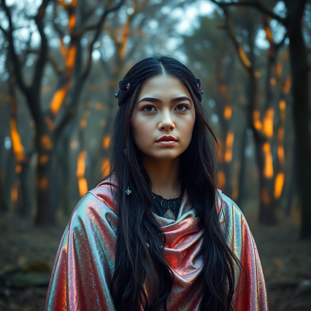 AI generated art for prompt: A portrait photograph reveals an enigmatic Central Asian woman amidst a mystical forest. With pierci