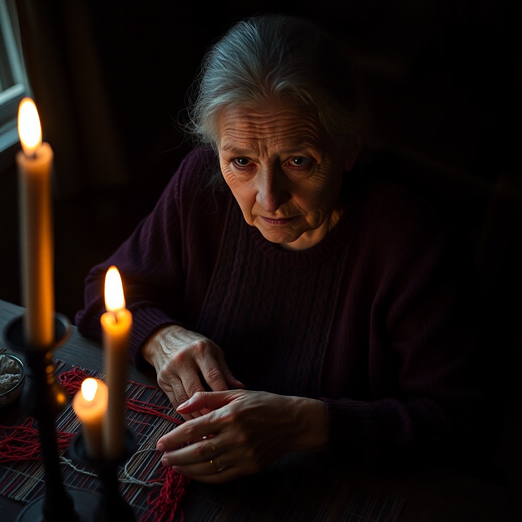 AI generated art for prompt: An elderly Nordic woman sits amidst a dimly lit room, her silhouette softly illuminated by candlelig