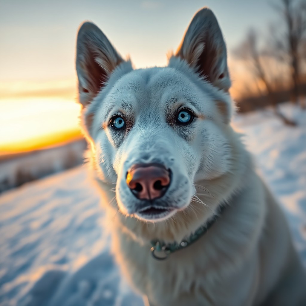 AI generated art for prompt: Envision a captivating close-up portrait of an enigmatic Siberian husky, its piercing ice-blue eyes 