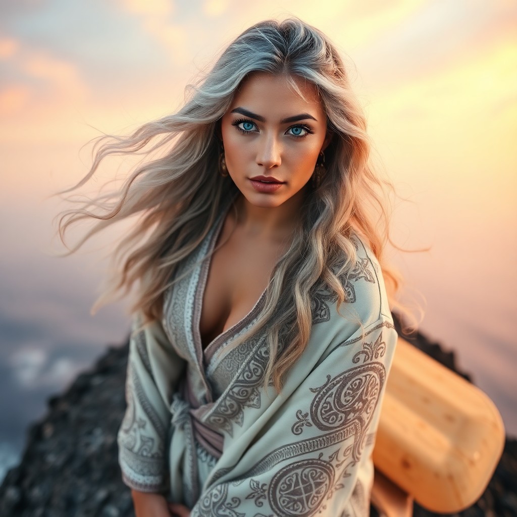 AI generated art for prompt: Envision a captivating portrait of a Micronesian woman in her late twenties with deep blue eyes and 