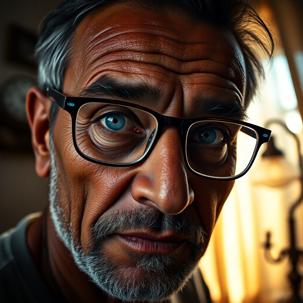 AI generated art for prompt: An ultrarealistic portrait captures a middle-aged South Asian man's essence with his rugged features