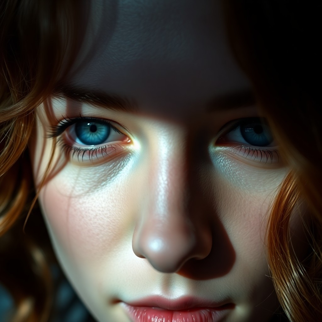 AI generated art for prompt: A highly detailed close-up portrait reveals an enigmatic figure with tranquil blue eyes and smooth p