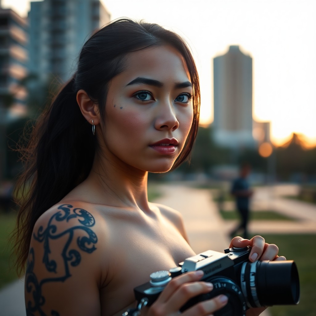 AI generated art for prompt: A portrait photograph showcases a captivating young Pacific Islander woman with serene blue eyes and