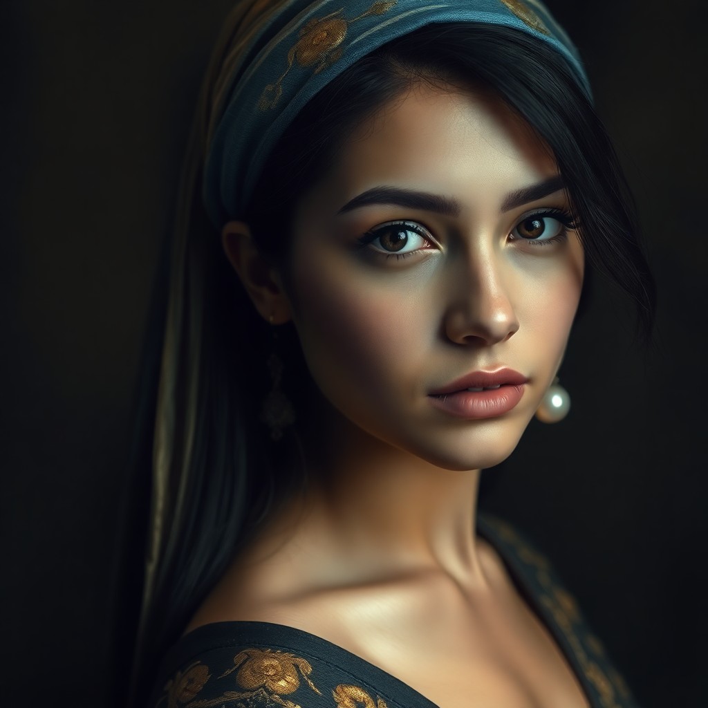 AI generated art for prompt: Craft an ethereal portrait inspired by Vermeer's 'Girl with a Pearl Earring,' showcasing a Latin Ame