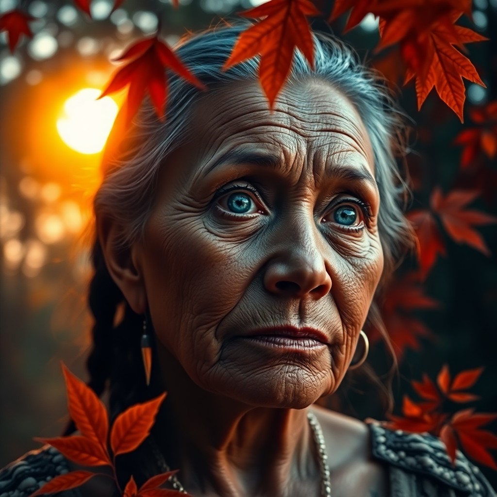 AI generated art for prompt: Craft an ultra-realistic portrait of a middle-aged Polynesian woman during twilight, her enigmatic g