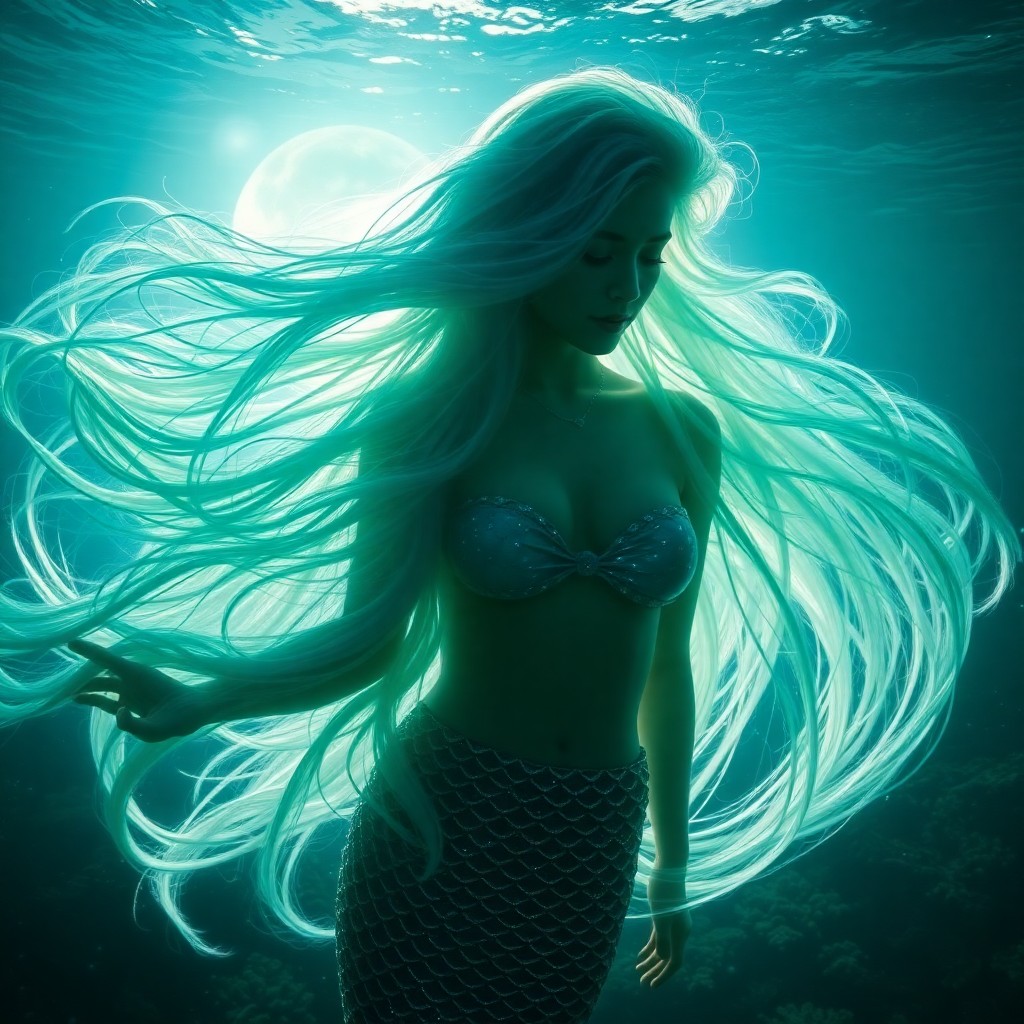 AI generated art for prompt: Step into an enigmatic underwater realm where a serene mermaid captivates with her flowing, iridesce