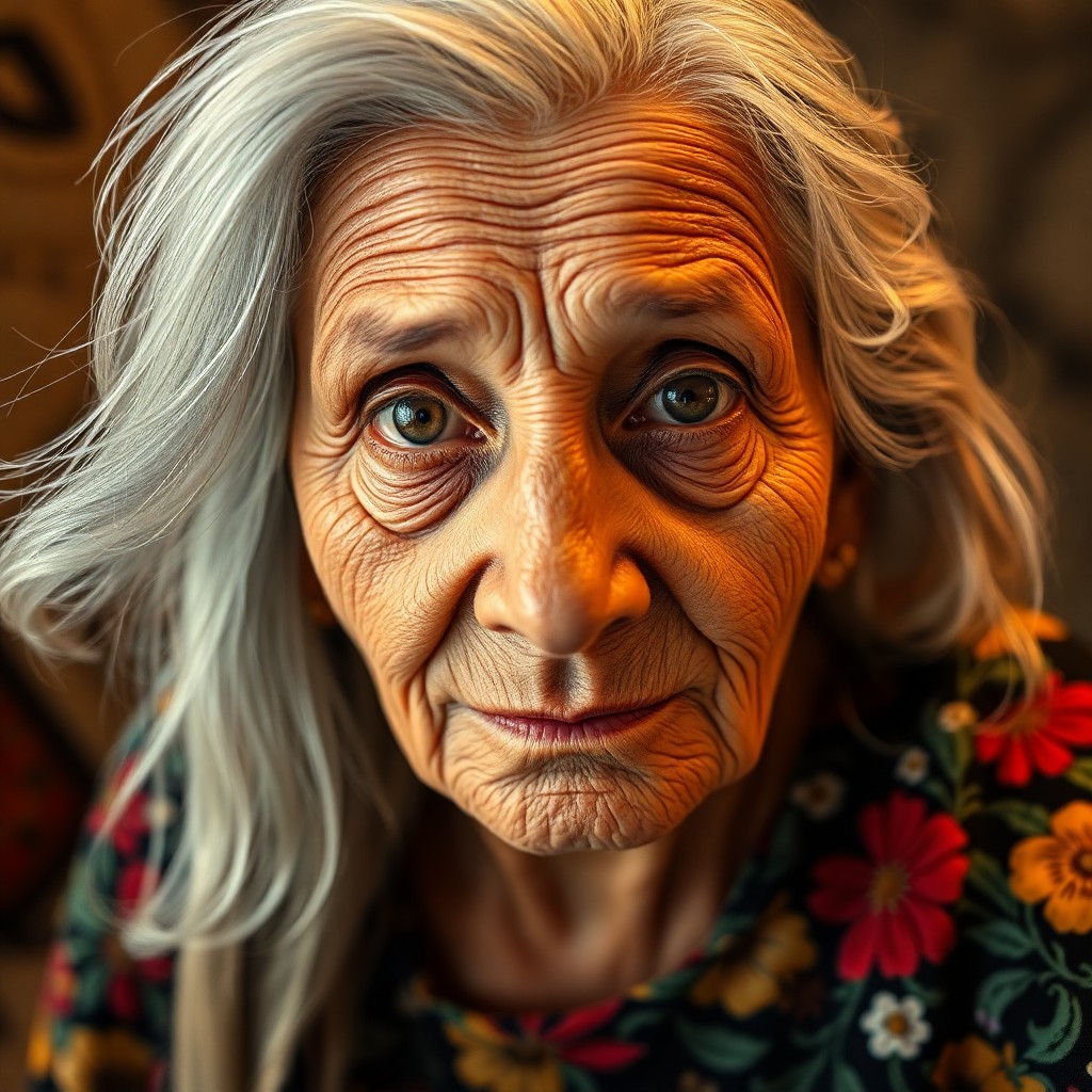 AI generated art for prompt: A photorealistic portrait photograph captures an elderly Middle Eastern woman from a unique 'bug's-e