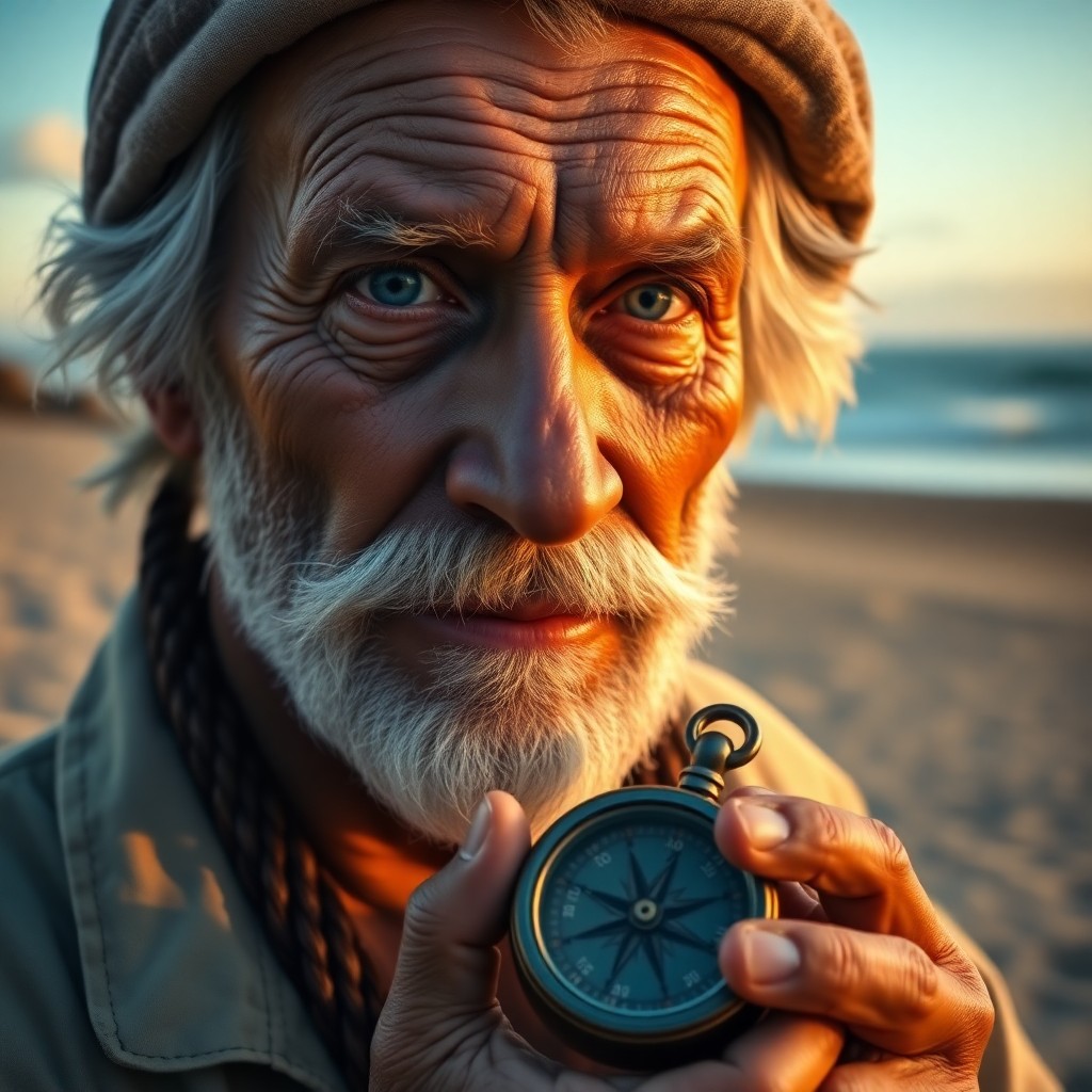 AI generated art for prompt: Craft a photorealistic portrait of an elderly sea captain with deeply etched wrinkles, hazy blue eye