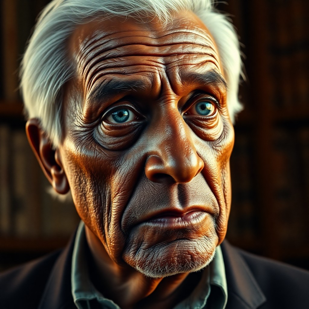 AI generated art for prompt: A highly realistic portrait depicts an esteemed elderly Caribbean man with deep wrinkles and intense