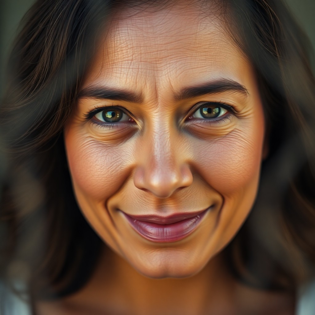 AI generated art for prompt: A photorealistic portrait showcases a Latin American woman in her early 40s with shoulder-length wav