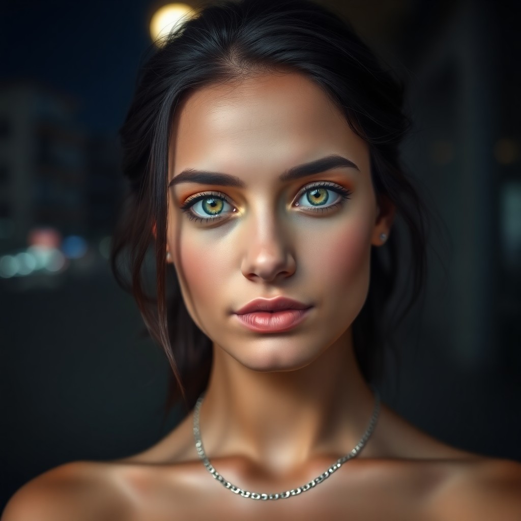 AI generated art for prompt: A photorealistic portrait depicts a young Mediterranean woman with tender green eyes, her countenanc