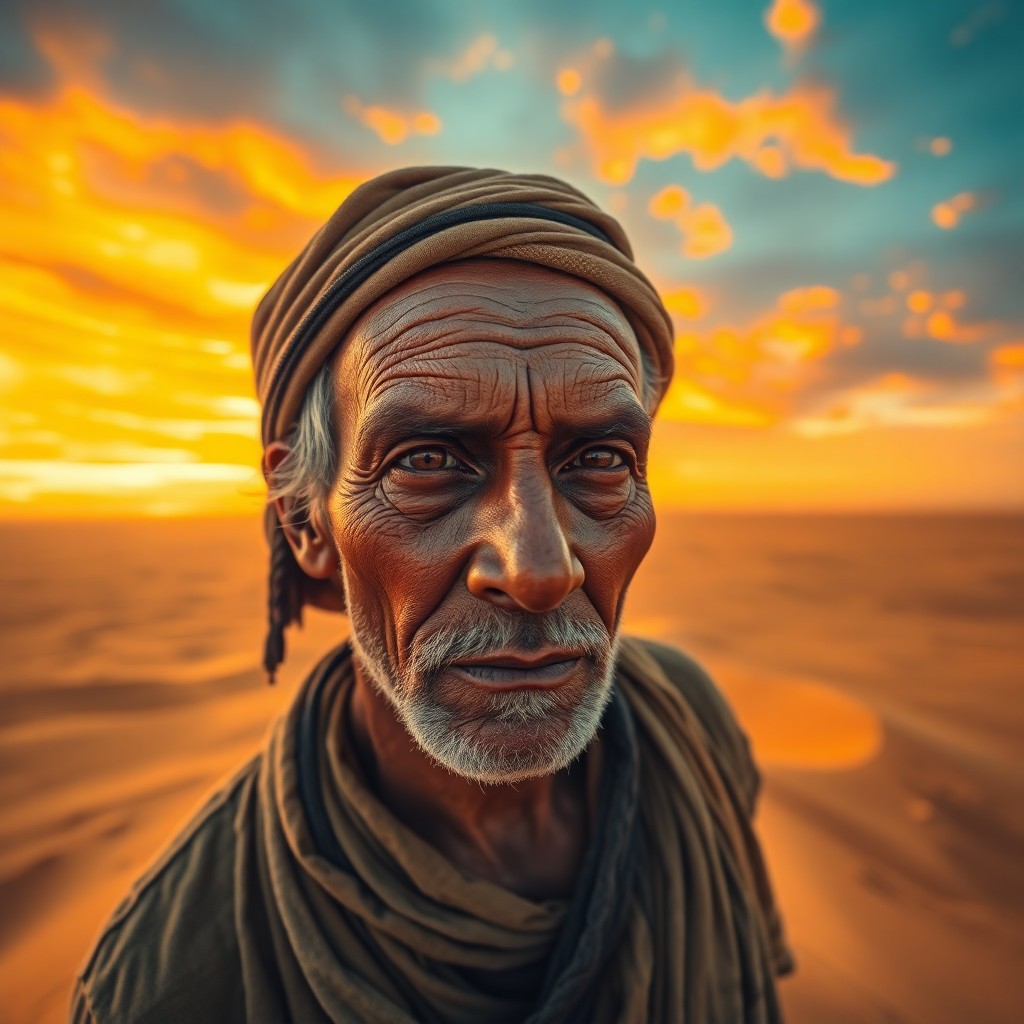 AI generated art for prompt: Render a hyper-realistic portrait of an aged nomad with sun-kissed skin and piercing gaze fixed on t