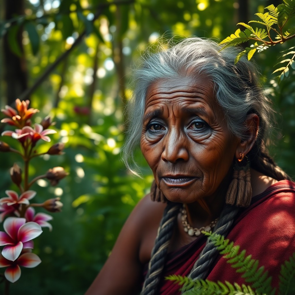 AI generated art for prompt: A photorealistic portrait of an elderly Native American Sub-Saharan African woman with a weathered c