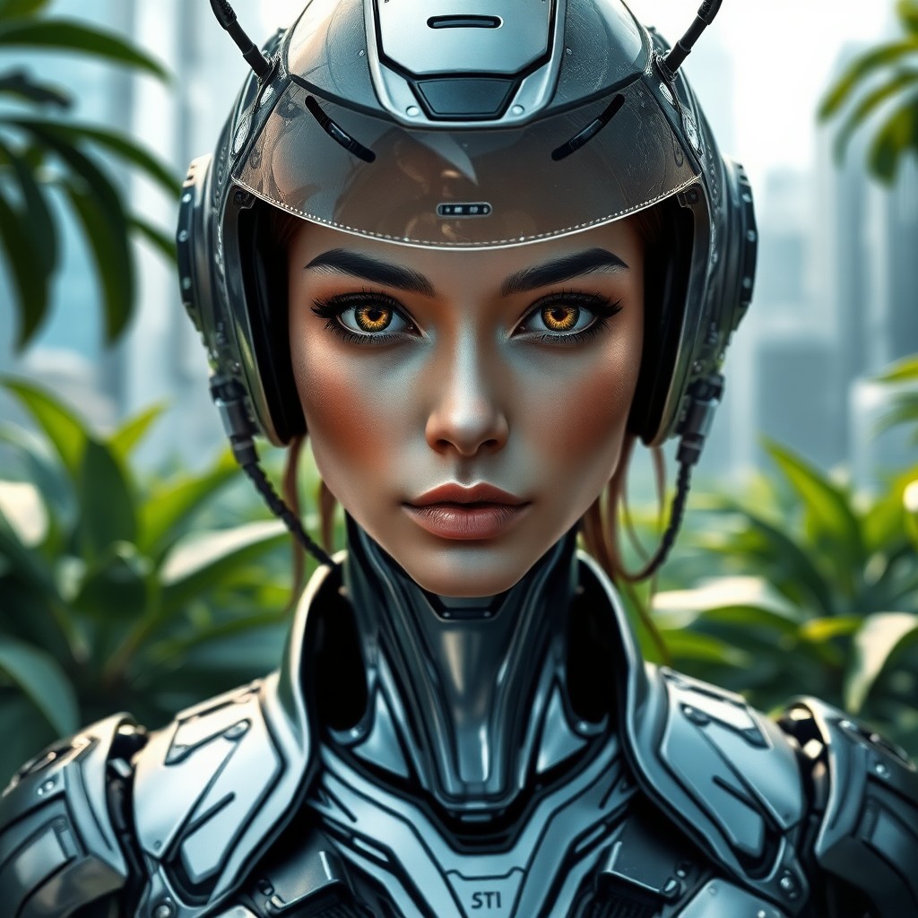 AI generated art for prompt: A stunningly realistic portrait presents a female exo-suit pilot from an unconventional 'bug's-eye v