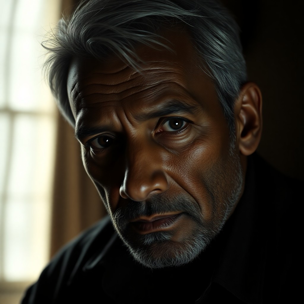 AI generated art for prompt: A highly detailed digital portrait depicts an enigmatic middle-aged South Asian man with deep-set ey