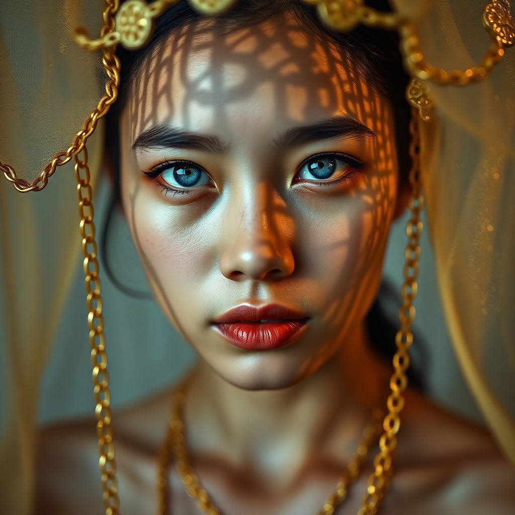 AI generated art for prompt: A close-up portrait photograph showcases a young Micronesian woman with timid blue eyes, full lips, 