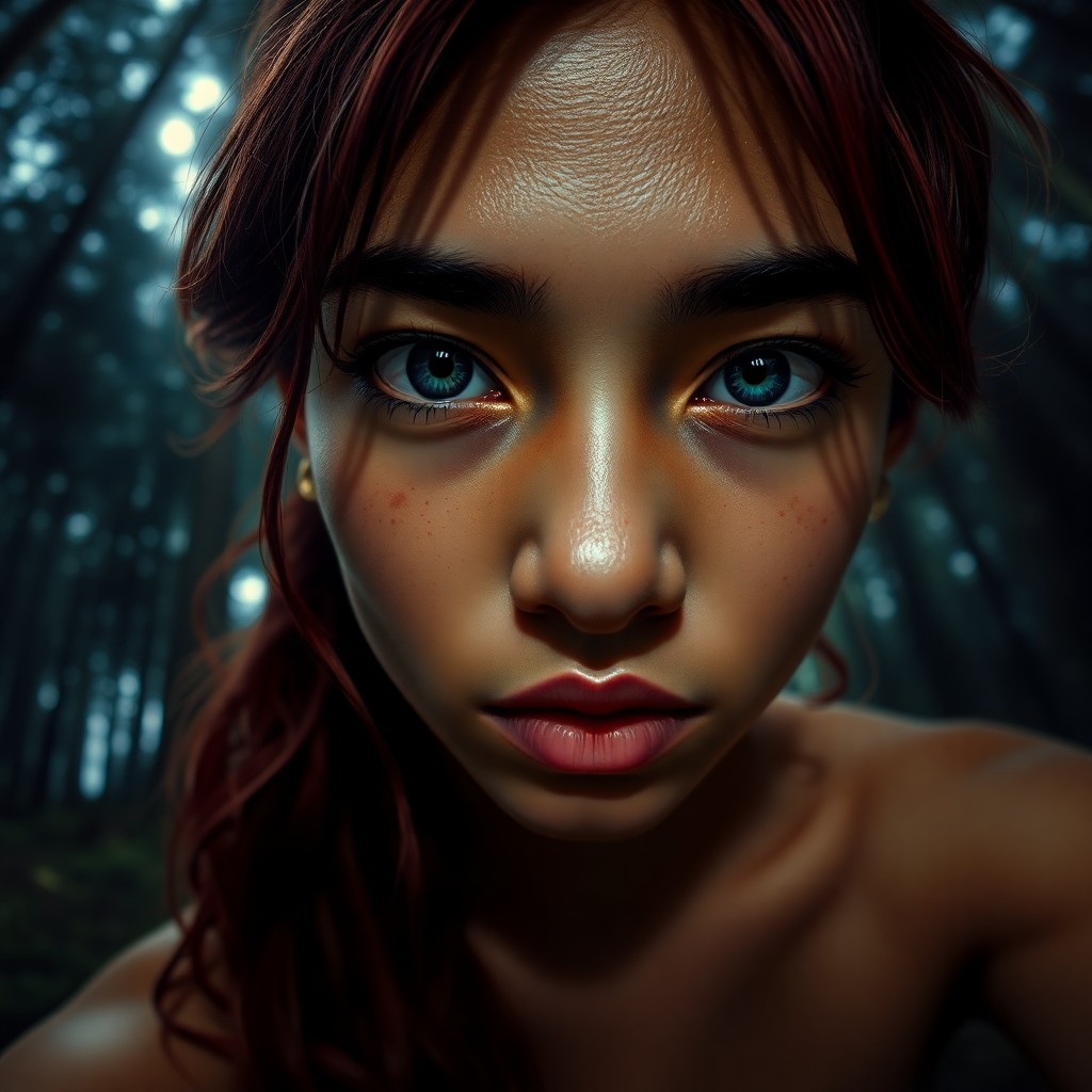 AI generated art for prompt: A photorealistic portrait of a young Micronesian woman with gentle blue eyes and cascading red locks