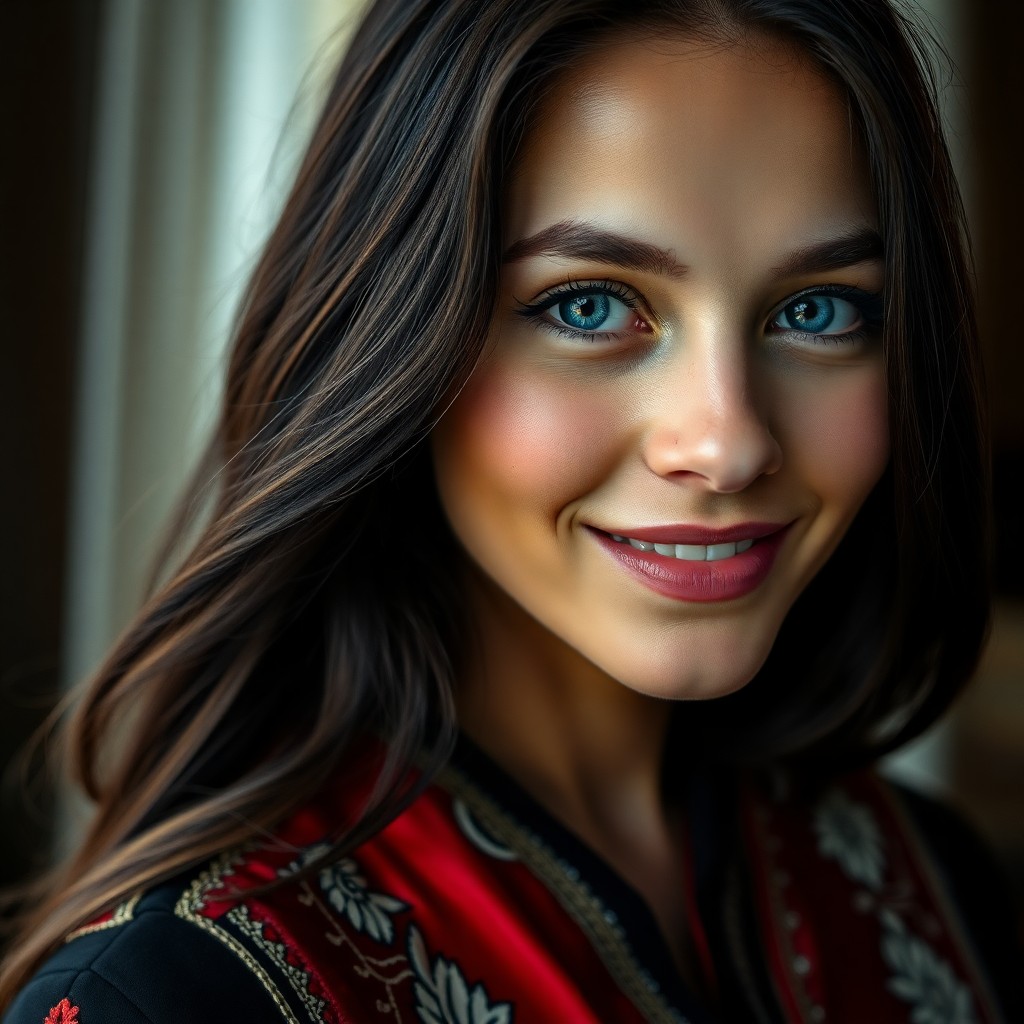 AI generated art for prompt: A captivating portrait photograph showcases a youthful Eastern European woman with striking blue eye