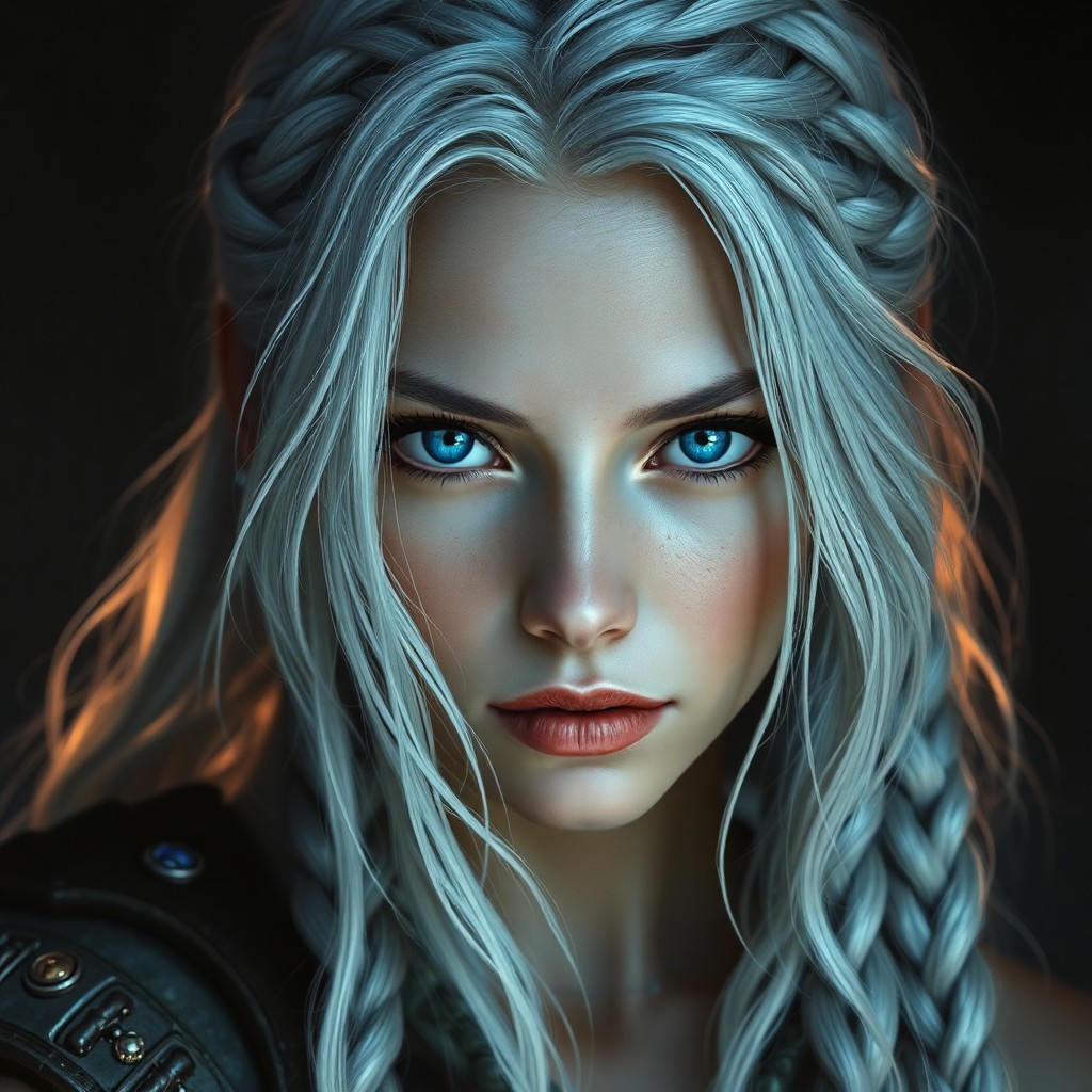 AI generated art for prompt: Craft a hyperrealistic portrait of a captivating female warrior with cascading silver-white hair, br