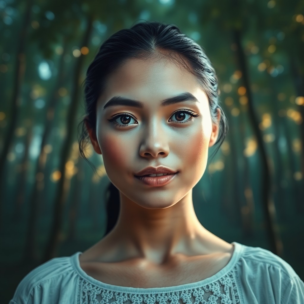 AI generated art for prompt: Envision a hyperrealistic portrait of a Micronesian woman with porcelain skin, her eyes expressive a