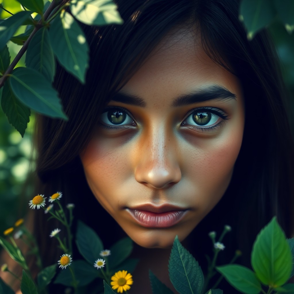 AI generated art for prompt: Craft a hyperrealistic portrait of a young Latin American woman with olive skin, dark brown hair fra