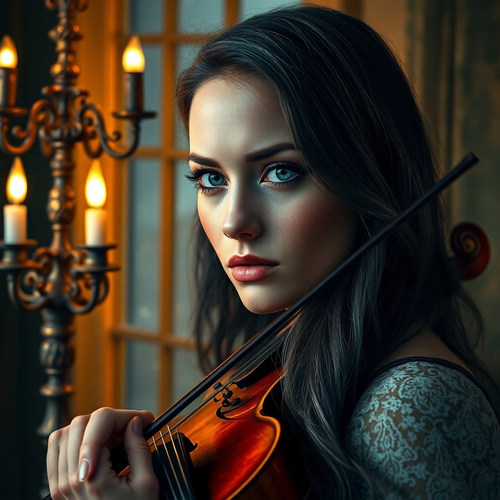 AI generated art for prompt: Envision a hyperrealistic portrait of an enigmatic violin virtuoso with piercing emerald eyes and de