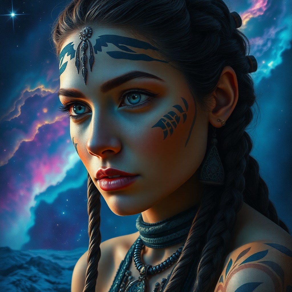 AI generated art for prompt: Envision a stunningly realistic portrait of an enigmatic female mystic adorned with intricate tribal