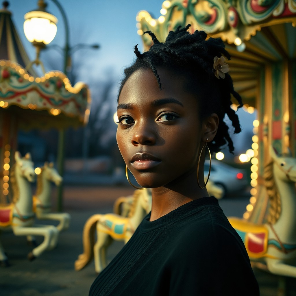 AI generated art for prompt: Craft a photorealistic portrait photograph with a film camera, focusing on a young African woman exu