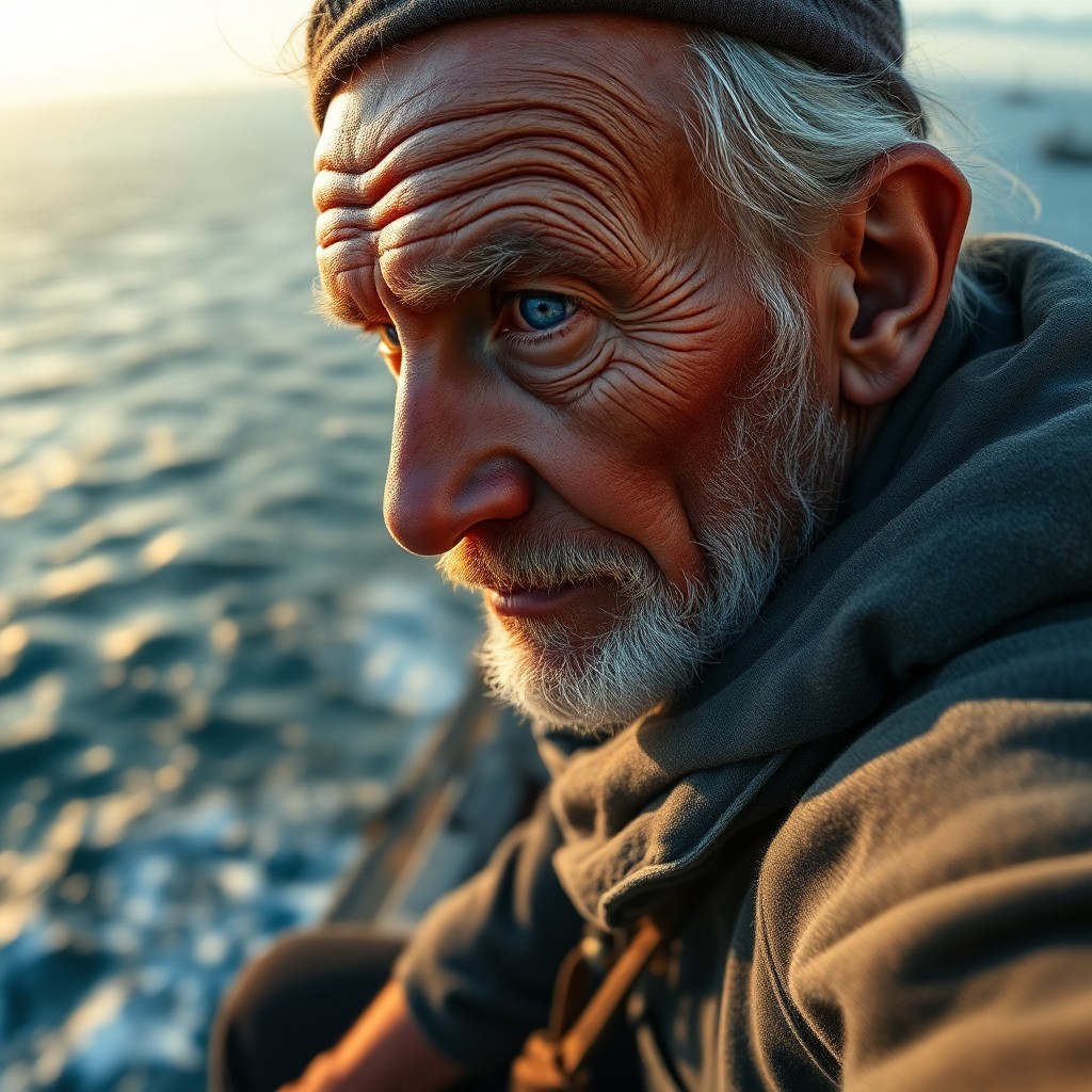 AI generated art for prompt: Craft a photorealistic portrait of an aged sailor with hazy blue eyes and rugged features, sitting p