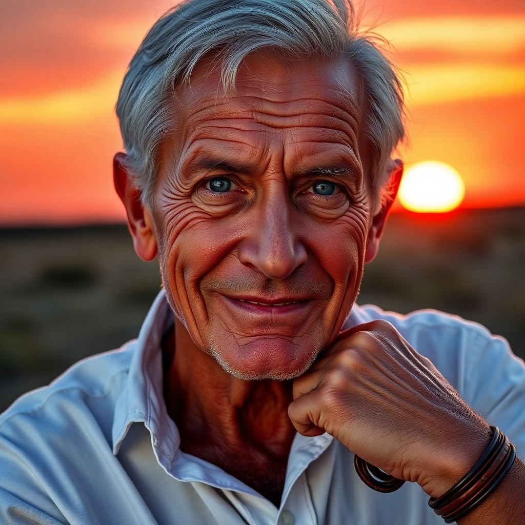 AI generated art for prompt: A super-realistic portrait of an engaging older gentleman with silver hair and warm blue eyes stands