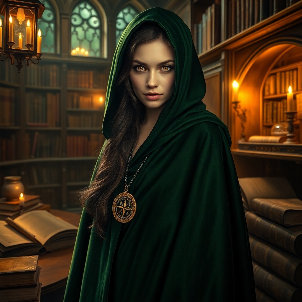 AI generated art for prompt: An enigmatic seer, with piercing amber eyes and draped in a lush emerald velvet cloak, stands amidst