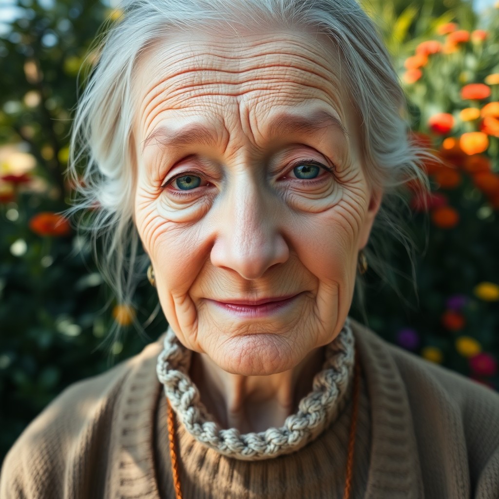 AI generated art for prompt: Craft an ultra-realistic portrait of a wise elderly Nordic woman with deep wrinkles and kind eyes, c