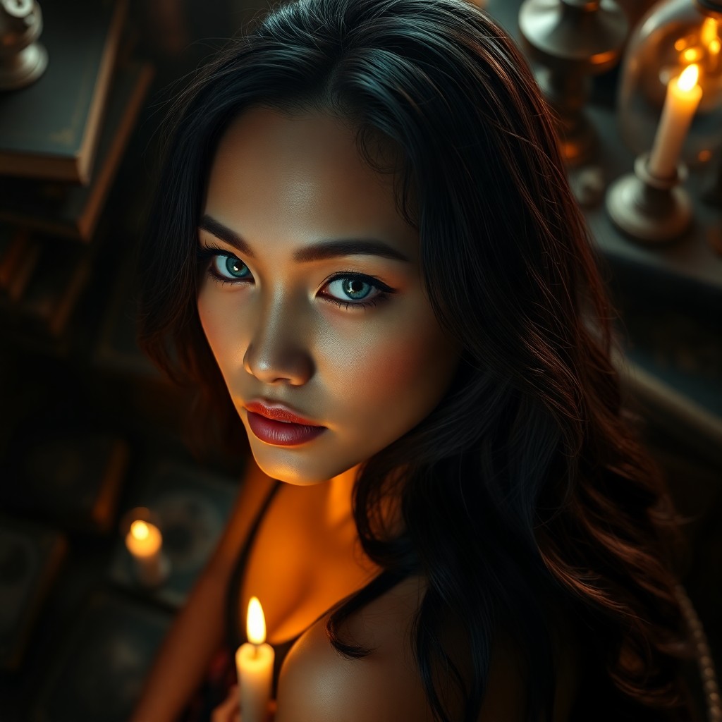 AI generated art for prompt: A photorealistic portrait showcases an enigmatic Polynesian woman with captivating azure eyes and ca