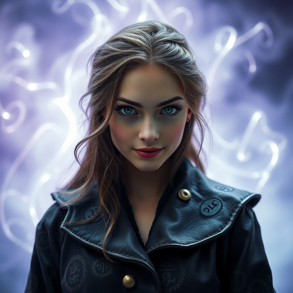 AI generated art for prompt: A captivating female wizard with emerald eyes and long curling lashes stands close-up against a back