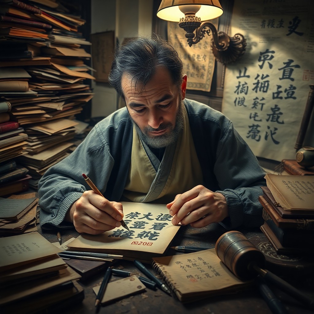 AI generated art for prompt: A hyperrealistic portrait captures a master calligrapher's intense focus and determination in their 