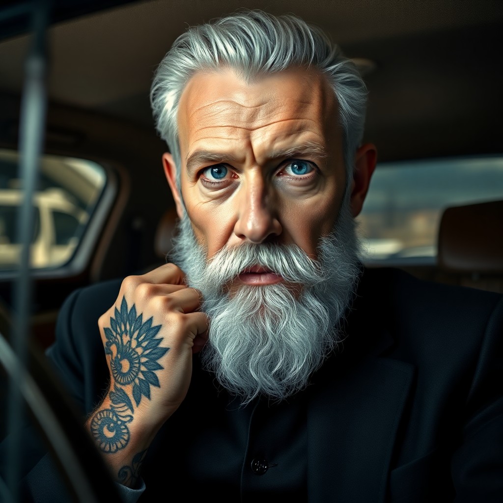 AI generated art for prompt: Craft a photorealistic portrait of an esteemed gentleman with piercing blue eyes and a well-groomed 