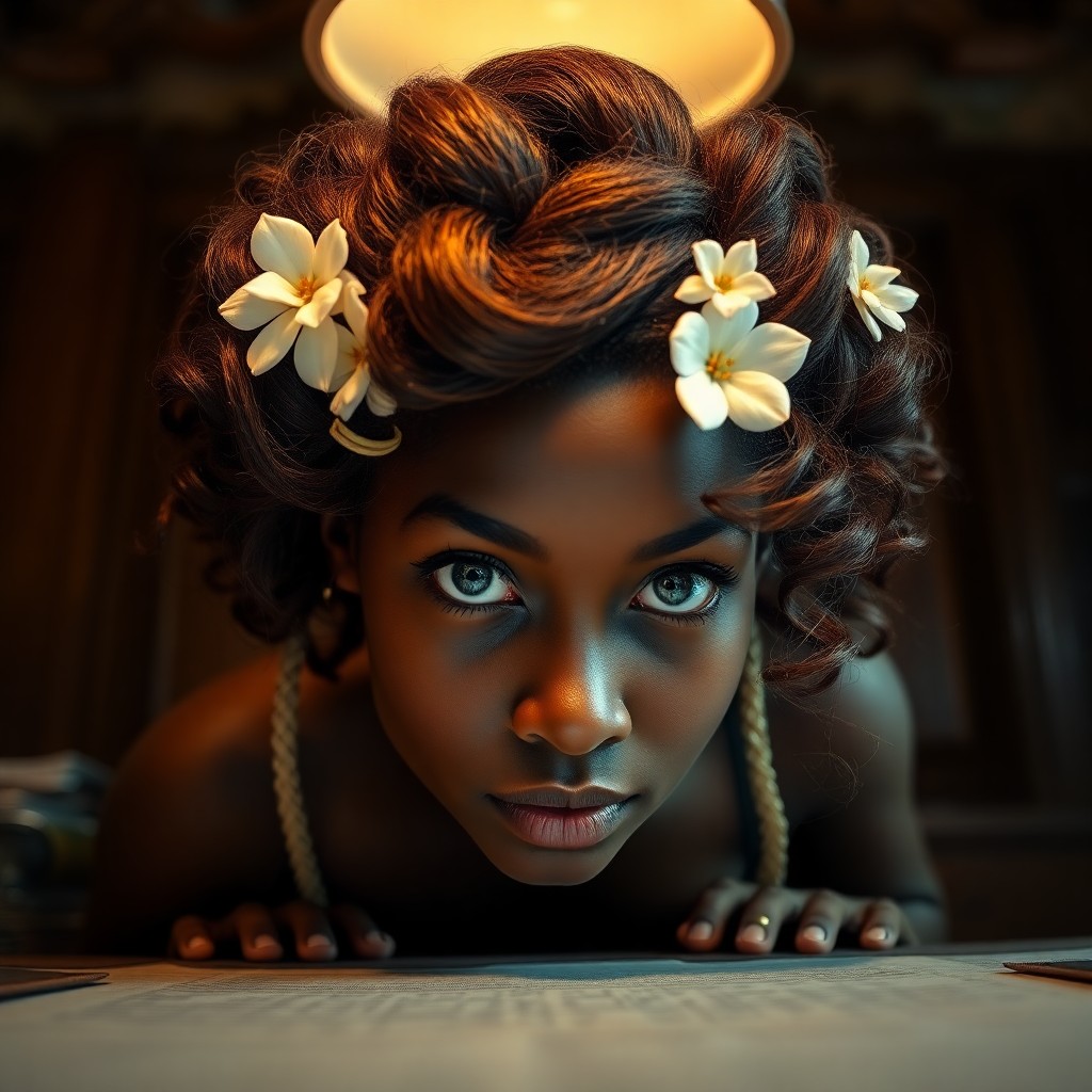 AI generated art for prompt: An olive-skinned Melanesian woman with wavy chestnut hair styled in an intricate updo adorned by del