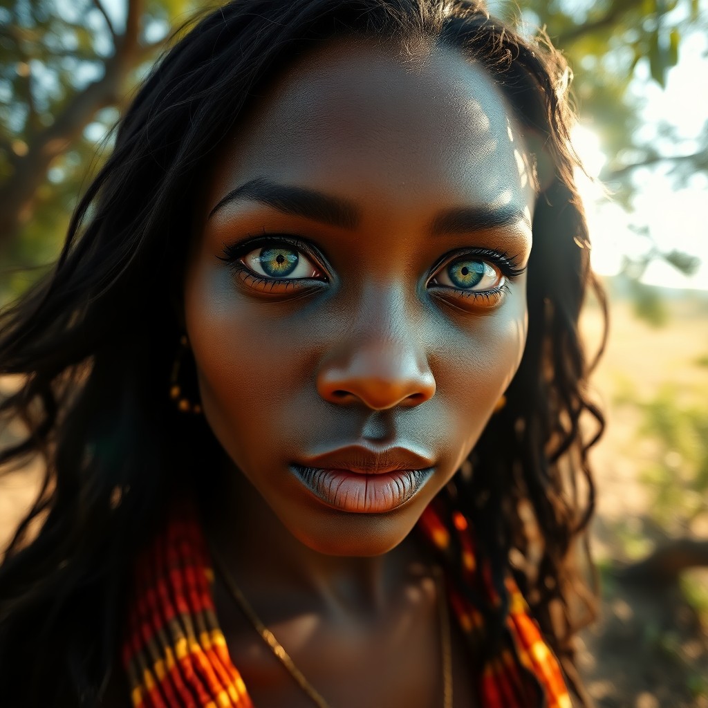 AI generated art for prompt: A highly detailed photorealistic portrait showcases an African woman with captivating emerald eyes, 