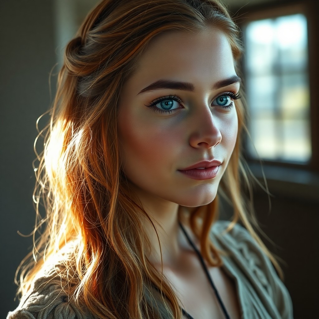 AI generated art for prompt: Create a captivating portrait of an enigmatic Celtic woman with mysterious clouded blue eyes and cas