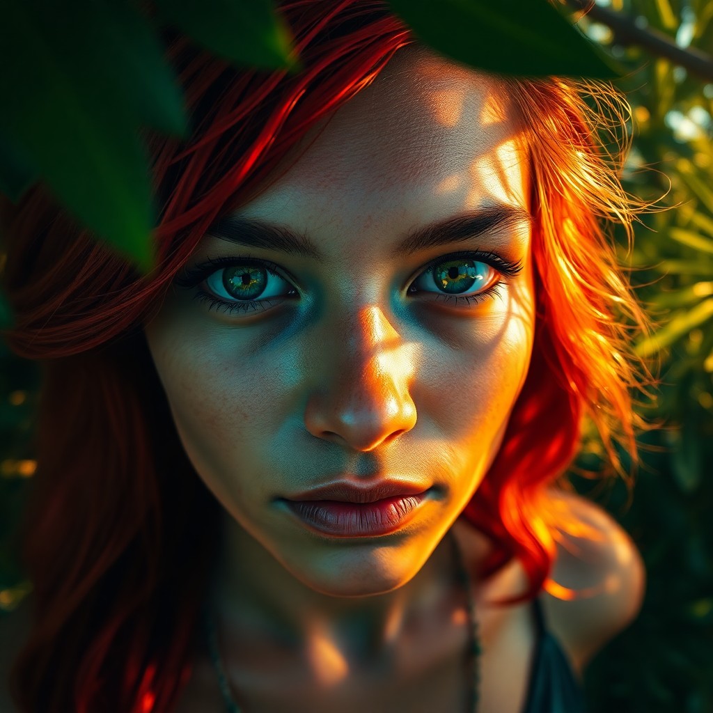 AI generated art for prompt: A highly realistic close-up portrait showcases a young Aboriginal woman with piercing emerald eyes a