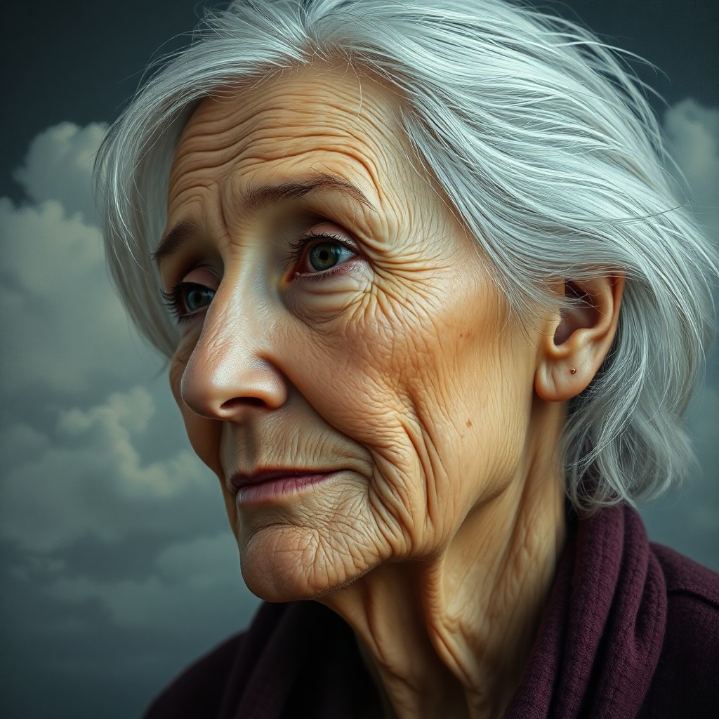 AI generated art for prompt: A serene close-up portrait of an elderly Caucasian woman with wispy white hair frames her rustic yet