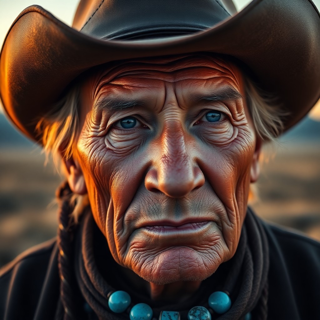 AI generated art for prompt: A super-realistic portrait of an elderly Central Asian Native American man showcases his deep wrinkl