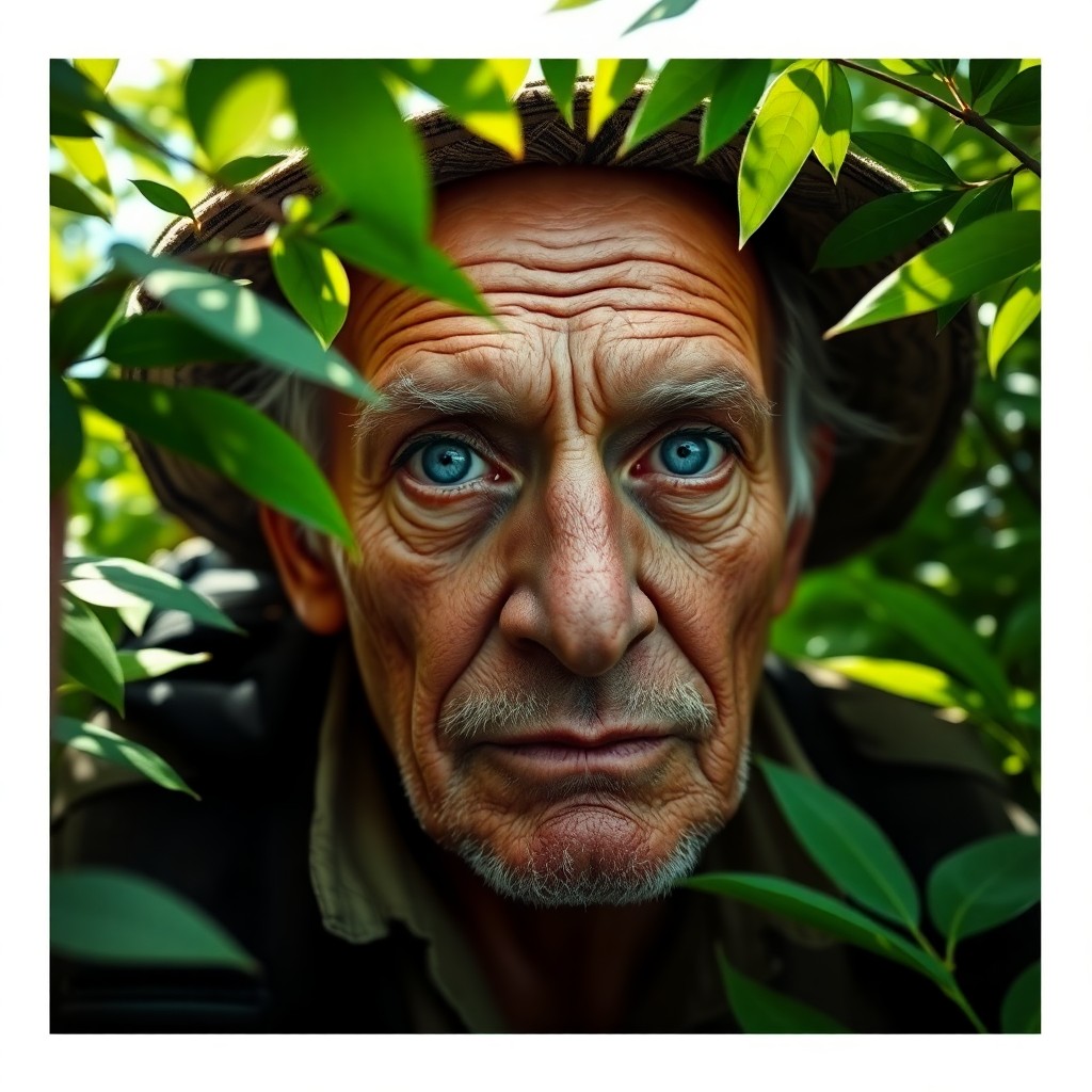 AI generated art for prompt: Photograph a photorealistic portrait of an elderly explorer with kind blue eyes and rugged features,